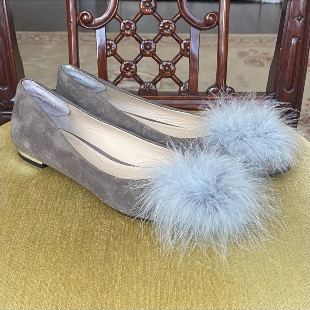 Marc Fisher Synal Grey Suede Pointed Toe Flats with Marabou Feathers Pom-Poms